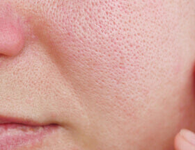 Large pores are caused by the loss of firmness from aging and hormonal effects from lower hormone balance, as well as excess oil production that clogs the pore opening.