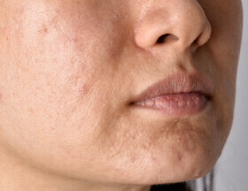 Uneven texture is caused by dead skin cell buildup and acne scarring. This disrupts collagen production, leading to uneven texture and discoloration.